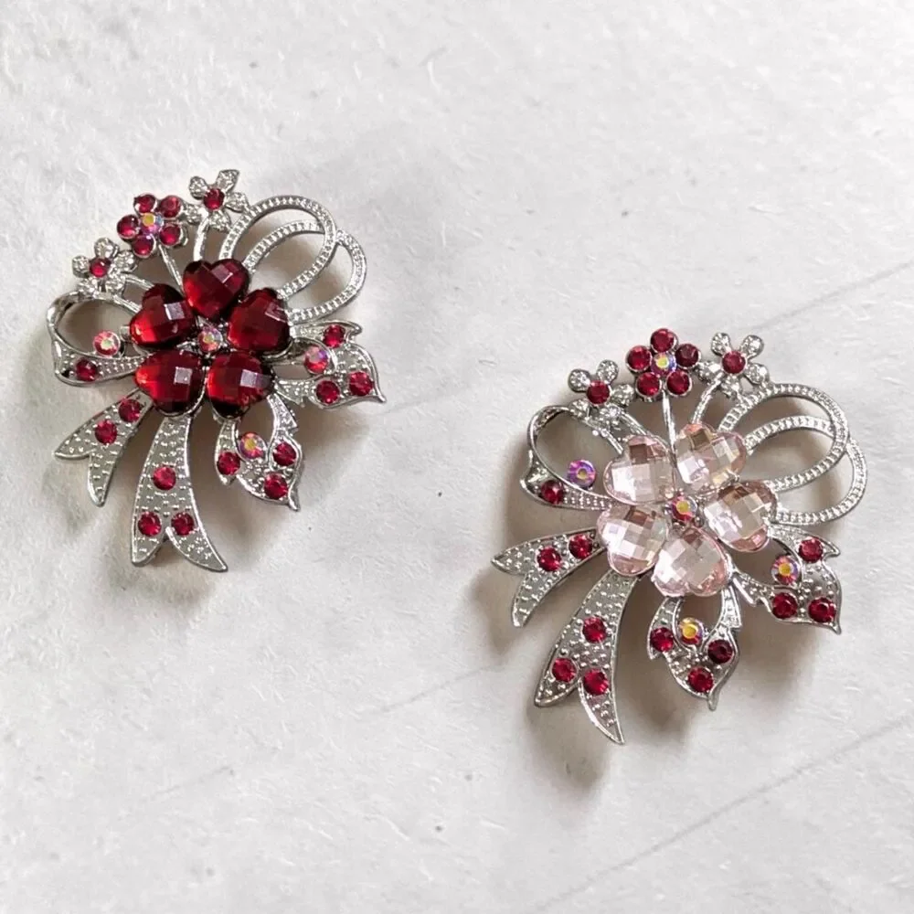 Set of 2 Rhinestone Flower Bouquet Brooches, Red Pink, Silver Tone Statement Pin